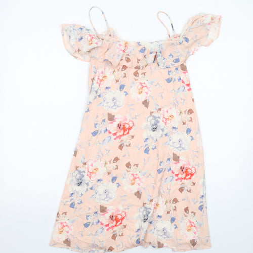 Miss Selfridge Womens Pink Floral Polyester Slip Dress Size 8 Round Neck Pullover - Cold Shoulder