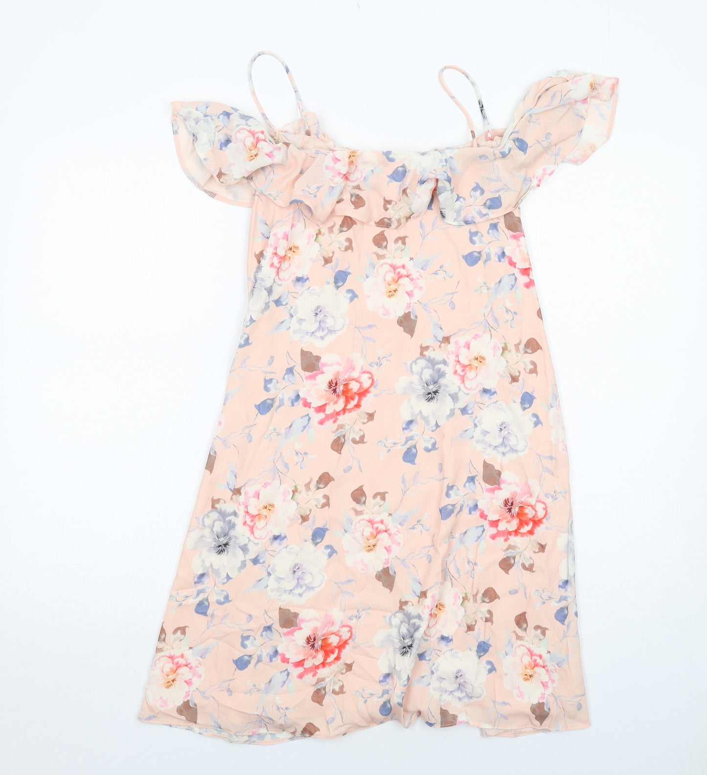 Miss Selfridge Womens Pink Floral Polyester Slip Dress Size 8 Round Neck Pullover - Cold Shoulder