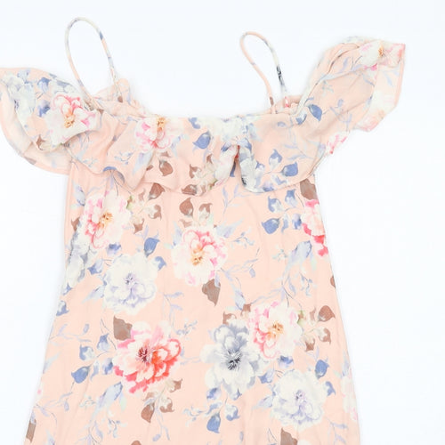 Miss Selfridge Womens Pink Floral Polyester Slip Dress Size 8 Round Neck Pullover - Cold Shoulder