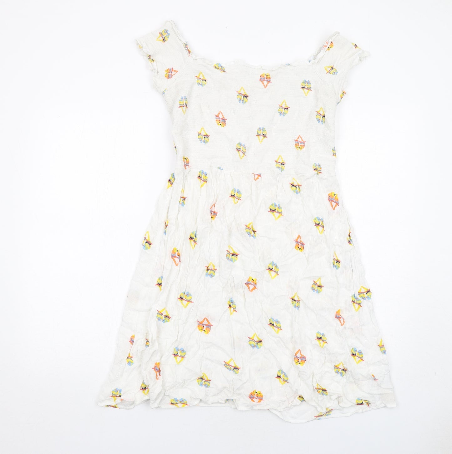 NEXT Womens White Geometric Viscose Skater Dress Size 16 Round Neck Pullover - Bird Pattern