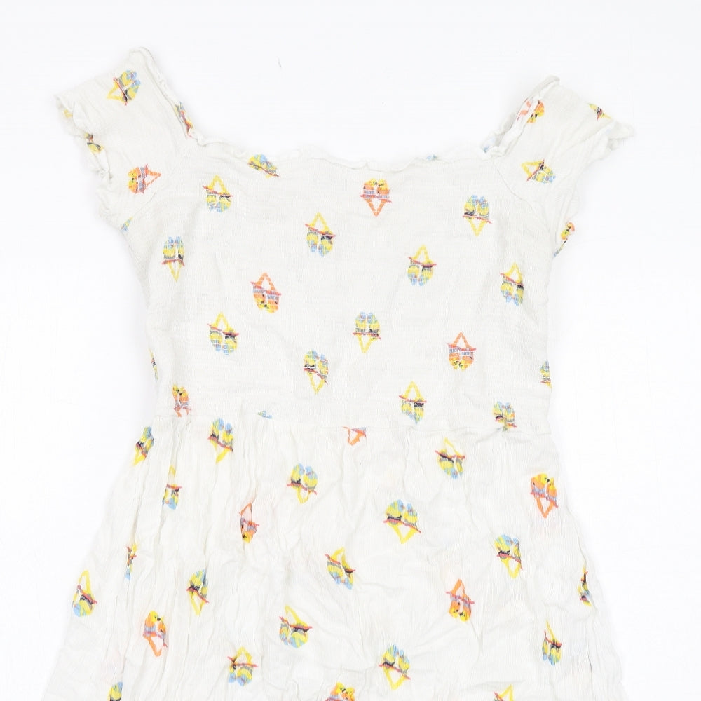 NEXT Womens White Geometric Viscose Skater Dress Size 16 Round Neck Pullover - Bird Pattern