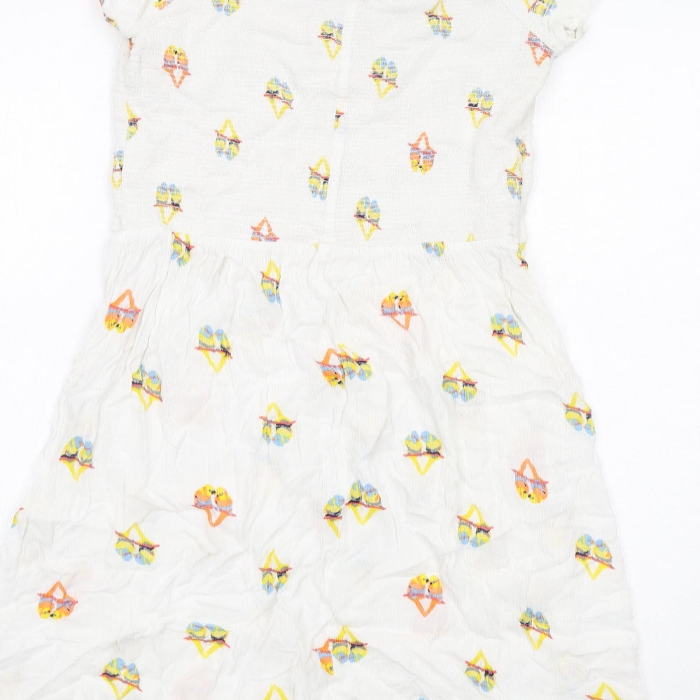 NEXT Womens White Geometric Viscose Skater Dress Size 16 Round Neck Pullover - Bird Pattern