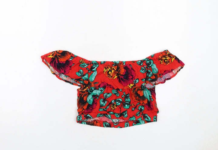 MINKPINK Womens Red Floral Polyester Cropped Blouse Size S Off the Shoulder