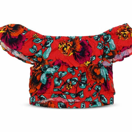 MINKPINK Womens Red Floral Polyester Cropped Blouse Size S Off the Shoulder