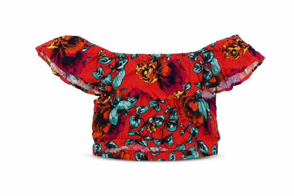 MINKPINK Womens Red Floral Polyester Cropped Blouse Size S Off the Shoulder