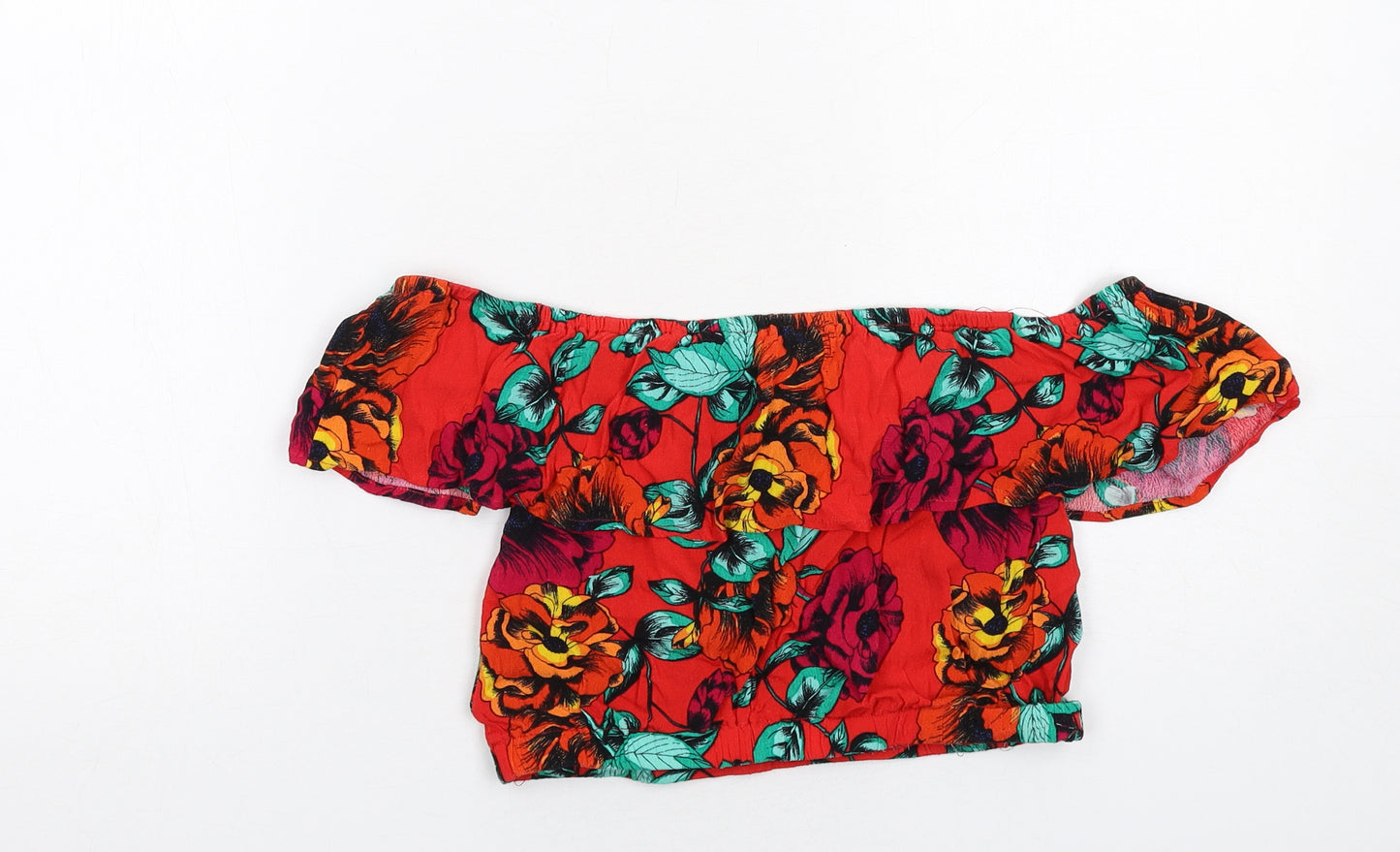 MINKPINK Womens Red Floral Polyester Cropped Blouse Size S Off the Shoulder
