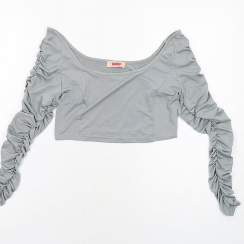 Misspap Womens Grey Polyester Cropped Blouse Size 12 Boat Neck
