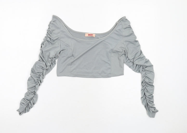 Misspap Womens Grey Polyester Cropped Blouse Size 12 Boat Neck