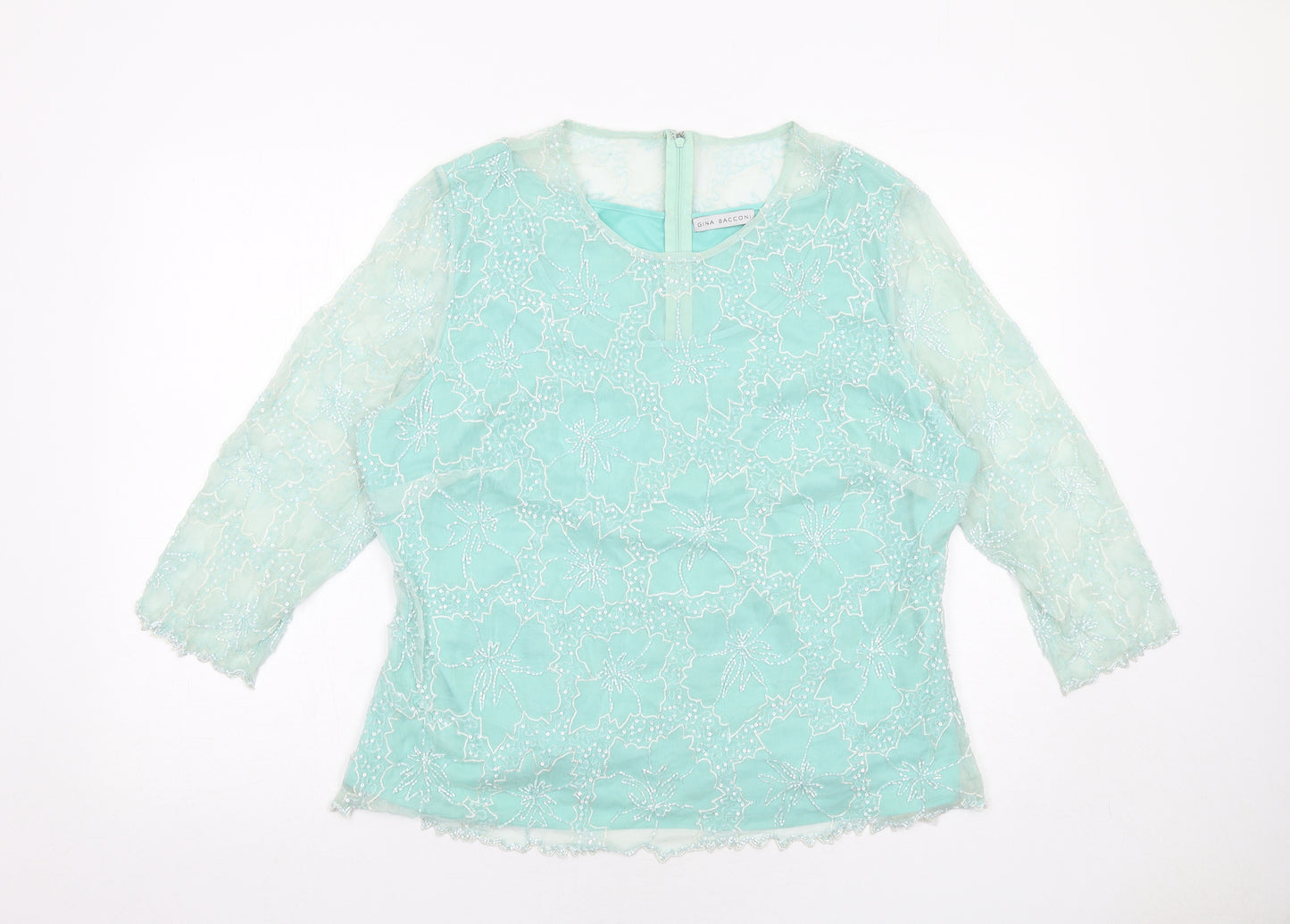 Gina Bacconi Womens Green Floral Silk Basic Blouse Size 22 Round Neck