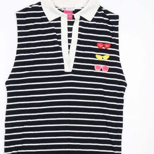 Zara Womens Blue Striped Cotton A-Line Size S Collared Pullover