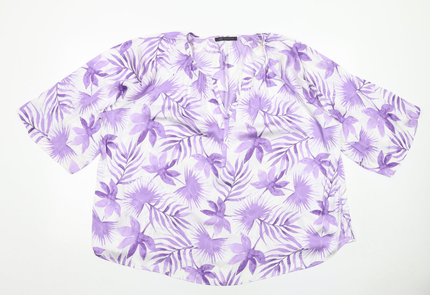 Marks and Spencer Womens Purple Floral Polyester Basic Blouse Size 20 V-Neck