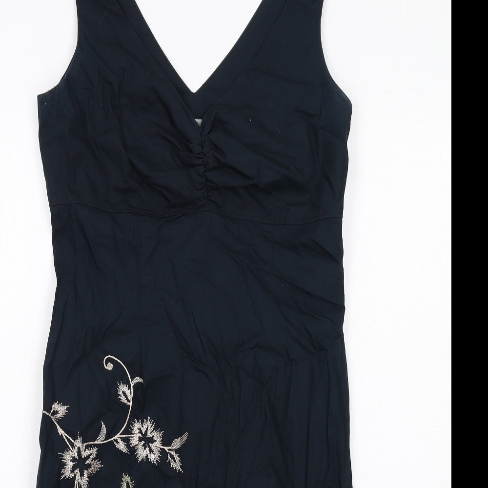 Marks and Spencer Womens Black Floral Cotton A-Line Size 12 V-Neck Zip