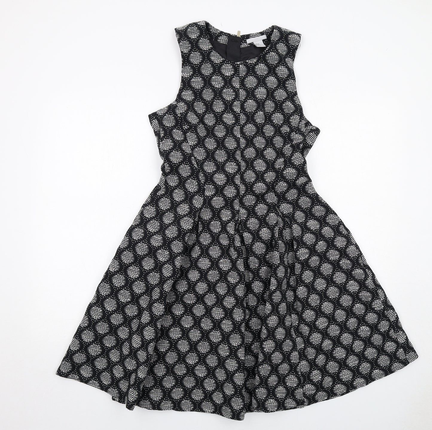 H&M Womens Black Geometric Cotton Trapeze & Swing Size 10 Round Neck Zip