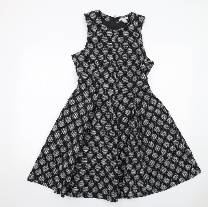 H&M Womens Black Geometric Cotton Trapeze & Swing Size 10 Round Neck Zip