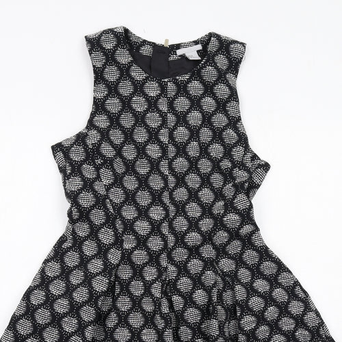 H&M Womens Black Geometric Cotton Trapeze & Swing Size 10 Round Neck Zip