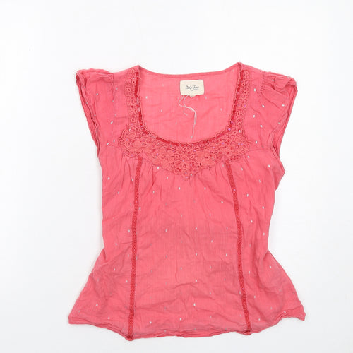 Oasis Womens Pink Geometric Cotton Basic Blouse Size 8 Scoop Neck - Crocheted Lace Detail