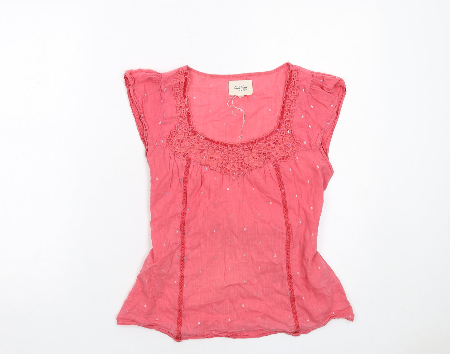 Oasis Womens Pink Geometric Cotton Basic Blouse Size 8 Scoop Neck - Crocheted Lace Detail