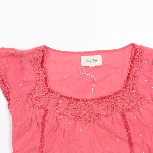 Oasis Womens Pink Geometric Cotton Basic Blouse Size 8 Scoop Neck - Crocheted Lace Detail