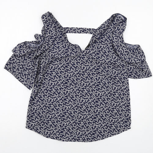 NEXT Womens Blue Geometric Polyester Basic Blouse Size 8 V-Neck - Cold Shoulder