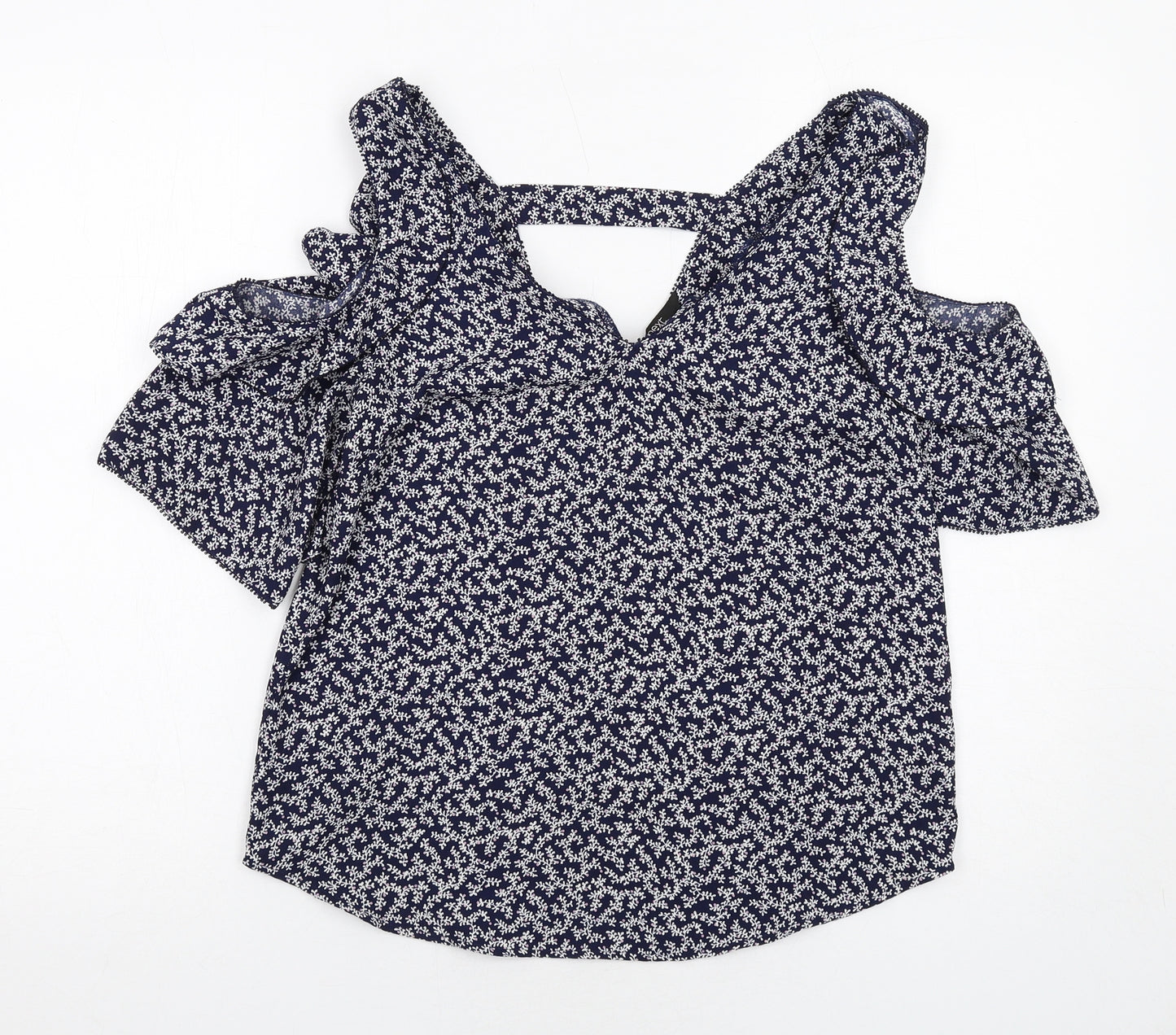 NEXT Womens Blue Geometric Polyester Basic Blouse Size 8 V-Neck - Cold Shoulder