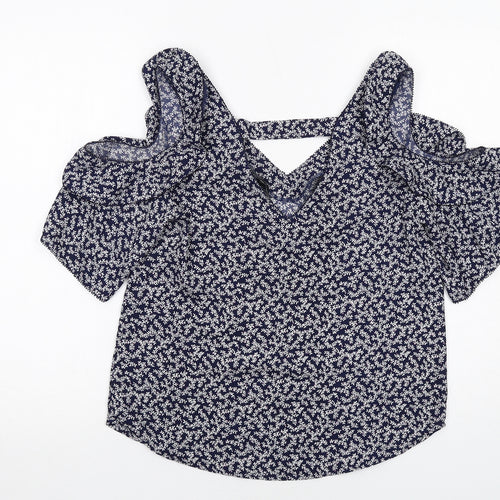 NEXT Womens Blue Geometric Polyester Basic Blouse Size 8 V-Neck - Cold Shoulder