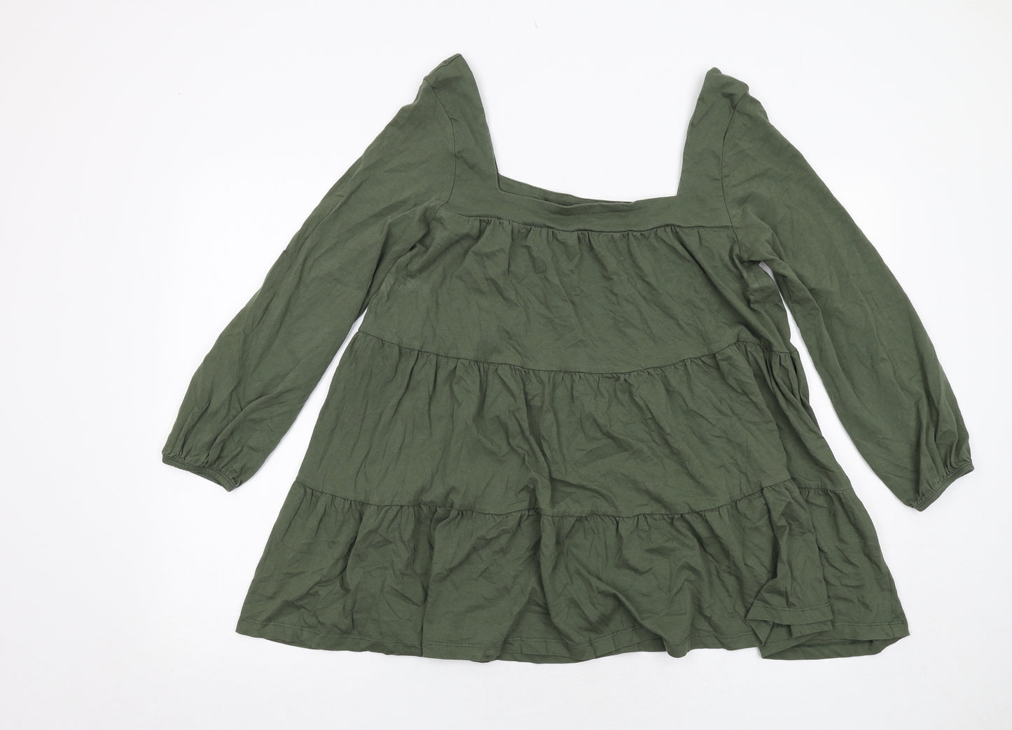 ASOS Womens Green Cotton Basic Blouse Size 12 Square Neck - Tiered