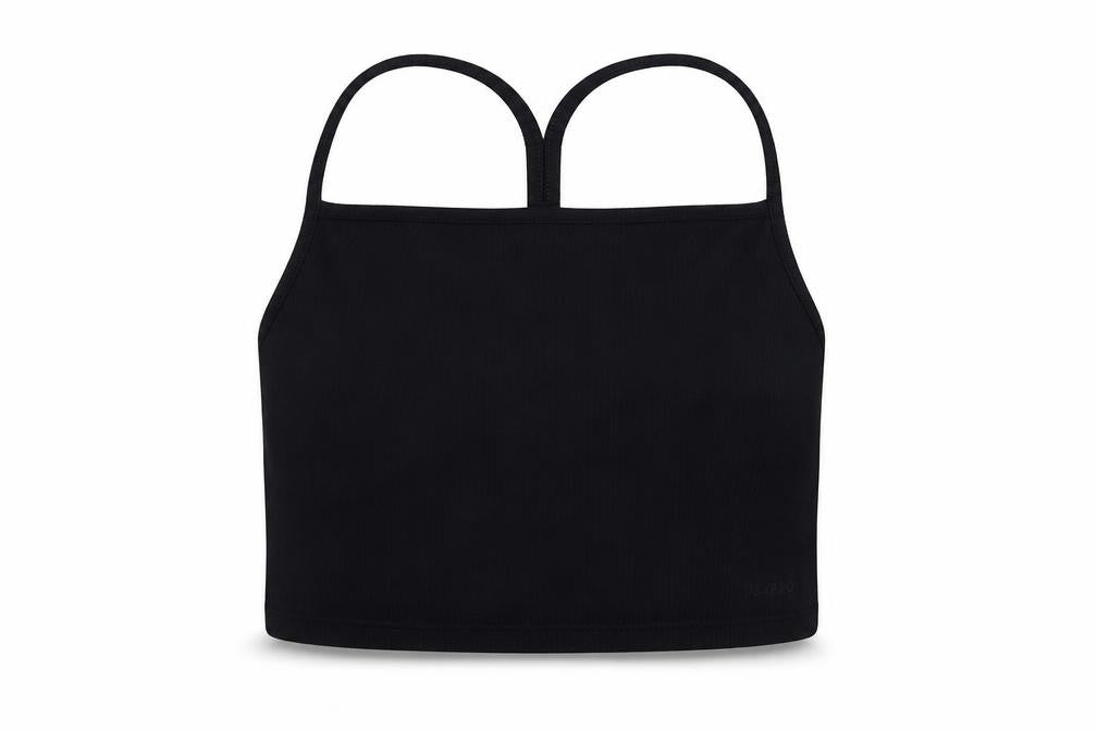 Front view of USA Pro women’s black polyester cropped tank, size UK 18, square neck