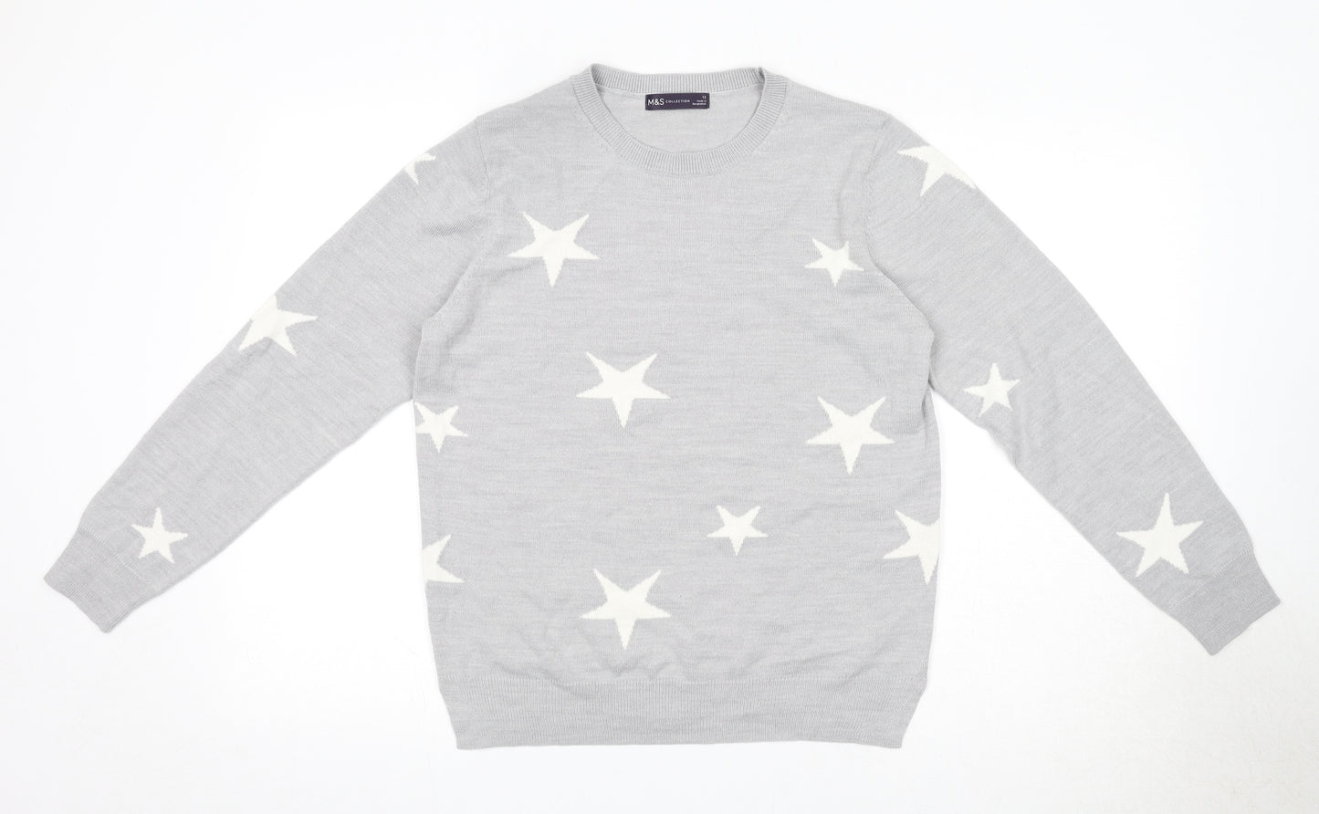 Marks and Spencer Womens Grey Round Neck Acrylic Pullover Jumper Size 12 - Star Pattern