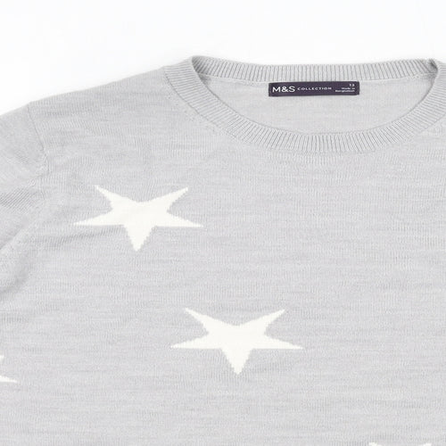 Marks and Spencer Womens Grey Round Neck Acrylic Pullover Jumper Size 12 - Star Pattern