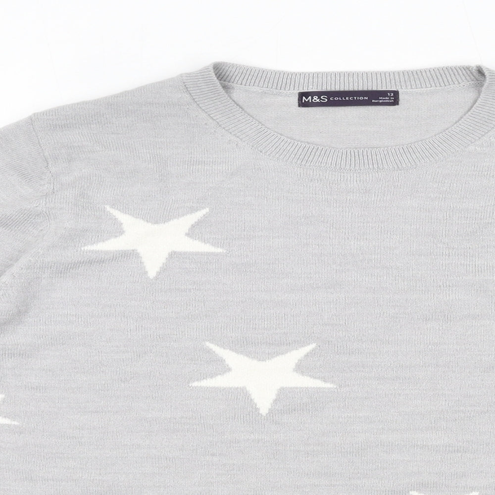 Marks and Spencer Womens Grey Round Neck Acrylic Pullover Jumper Size 12 - Star Pattern