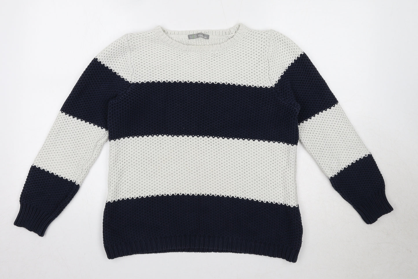 Marks and Spencer Womens Blue Round Neck Striped 100% Cotton Pullover Jumper Size 12