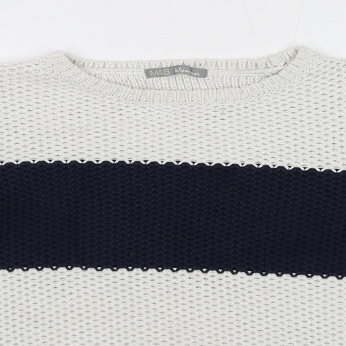 Marks and Spencer Womens Blue Round Neck Striped 100% Cotton Pullover Jumper Size 12