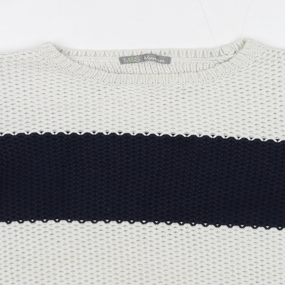Marks and Spencer Womens Blue Round Neck Striped 100% Cotton Pullover Jumper Size 12