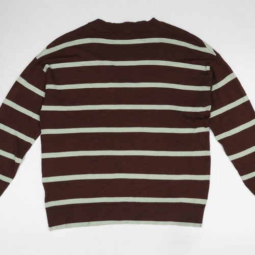 B Young Mens Brown V-Neck Striped Polyester Pullover Jumper Size M Long Sleeve