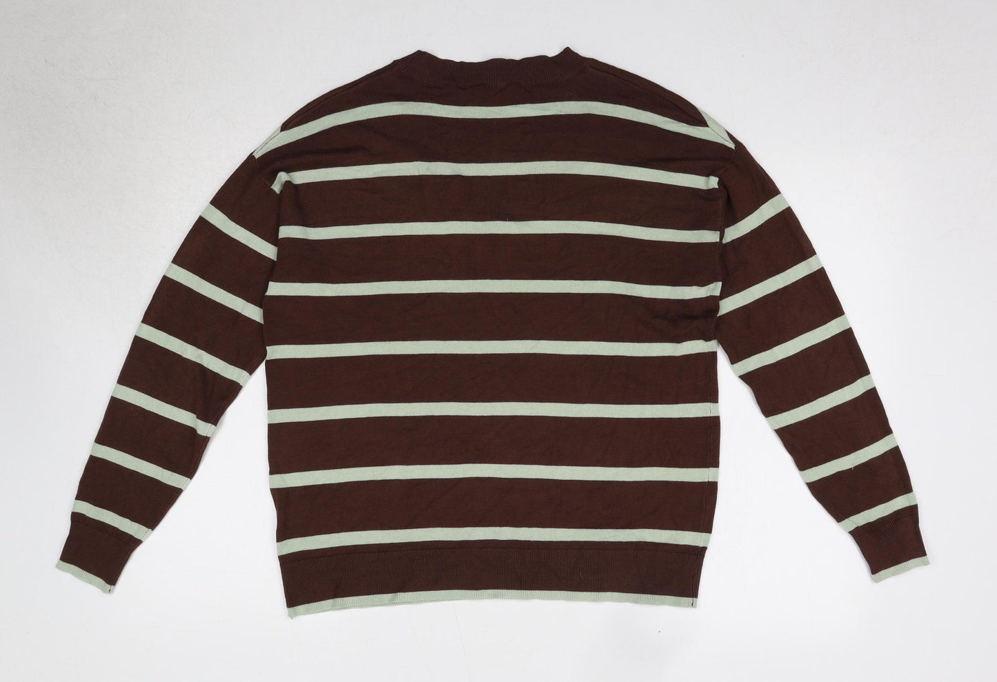 B Young Mens Brown V-Neck Striped Polyester Pullover Jumper Size M Long Sleeve