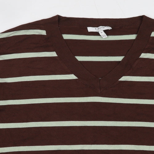 B Young Mens Brown V-Neck Striped Polyester Pullover Jumper Size M Long Sleeve