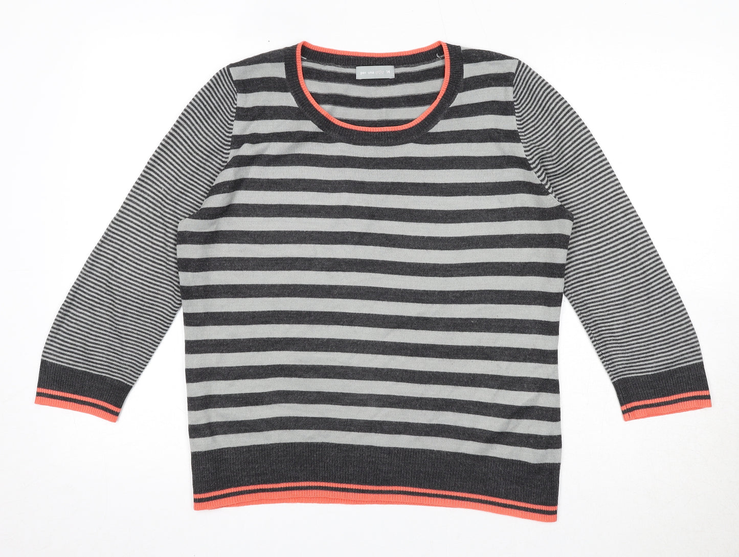 Per Una Womens Grey Round Neck Striped Acrylic Pullover Jumper Size 14