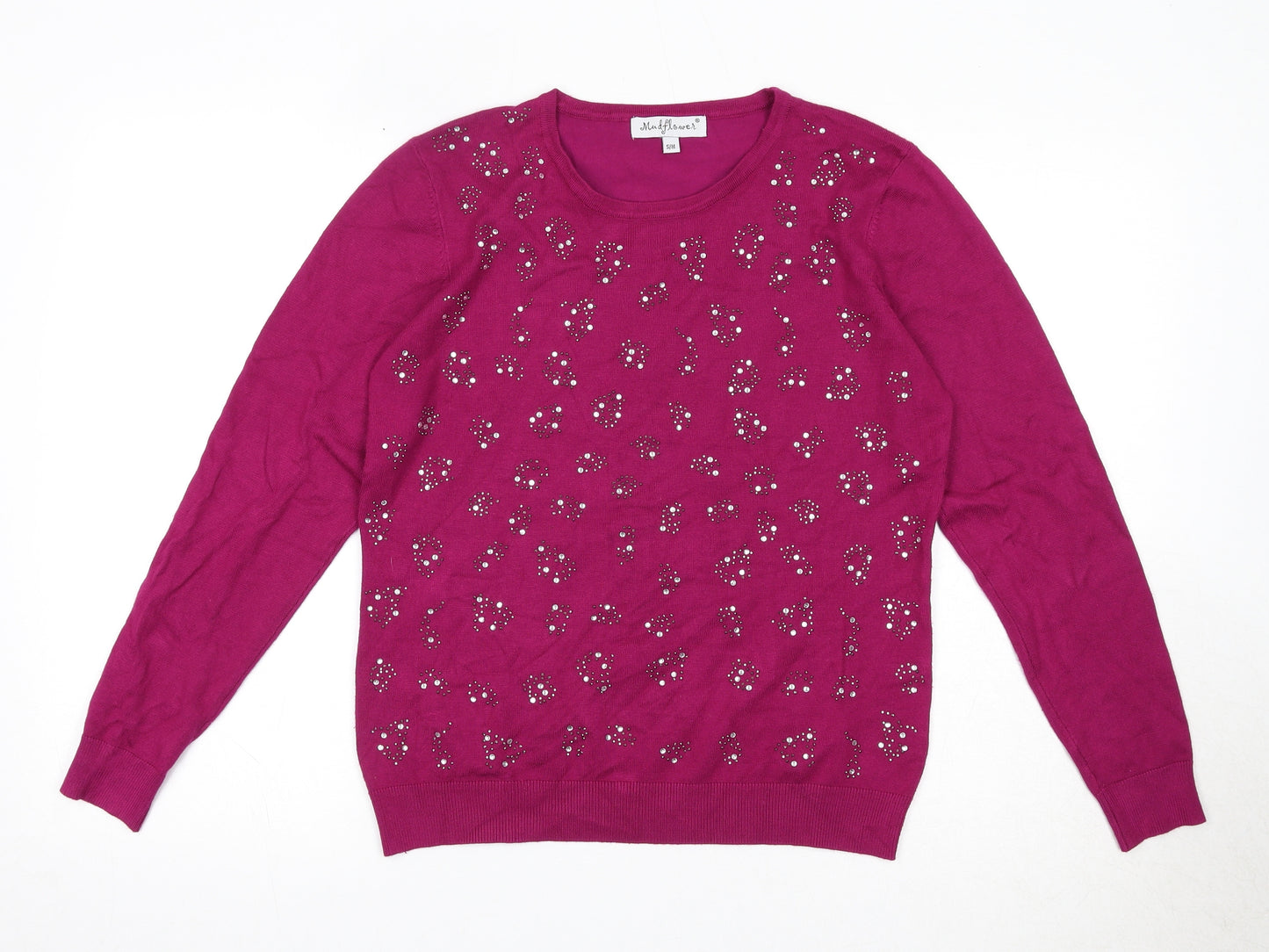 Mudflower Womens Pink Round Neck Viscose Pullover Jumper Size S - Size S/M