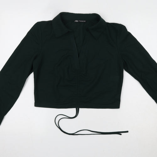 Zara Womens Green Viscose Cropped Blouse Size M Collared - Ruched Detail
