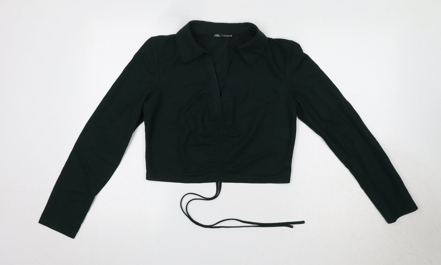 Zara Womens Green Viscose Cropped Blouse Size M Collared - Ruched Detail