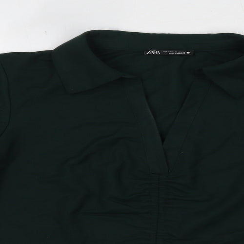 Zara Womens Green Viscose Cropped Blouse Size M Collared - Ruched Detail