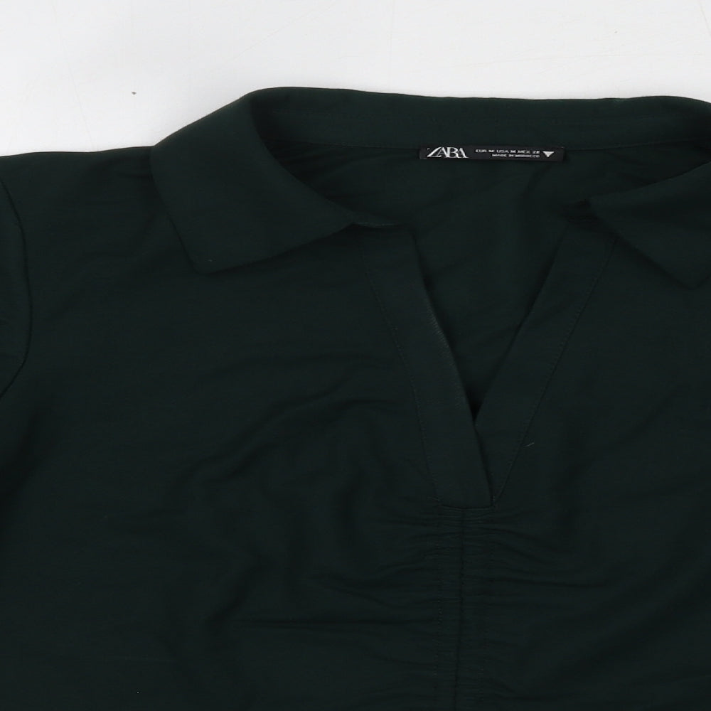 Zara Womens Green Viscose Cropped Blouse Size M Collared - Ruched Detail