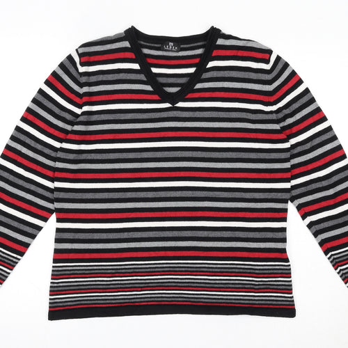 Barbra Lebek Womens Black V-Neck Striped Acrylic Pullover Jumper Size 14