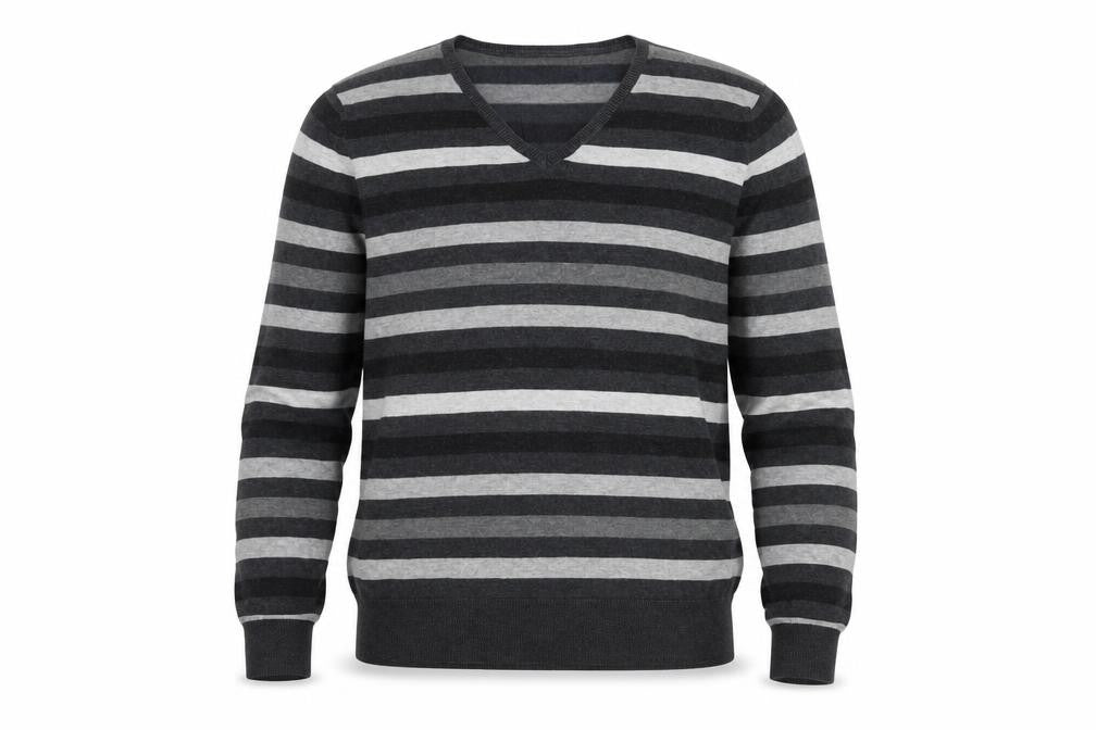 Marks and Spencer Mens Grey V-Neck Striped Cotton Pullover Jumper Size M Long Sleeve
