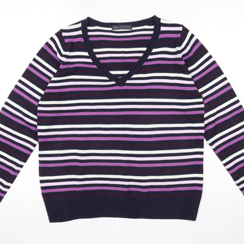 Marks and Spencer Womens Blue V-Neck Striped Acrylic Pullover Jumper Size 14