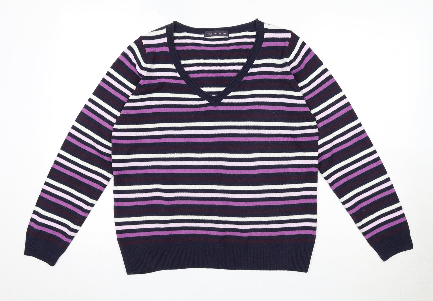 Marks and Spencer Womens Blue V-Neck Striped Acrylic Pullover Jumper Size 14
