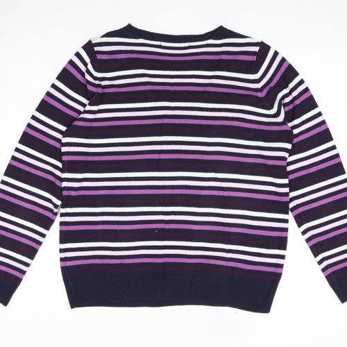 Marks and Spencer Womens Blue V-Neck Striped Acrylic Pullover Jumper Size 14