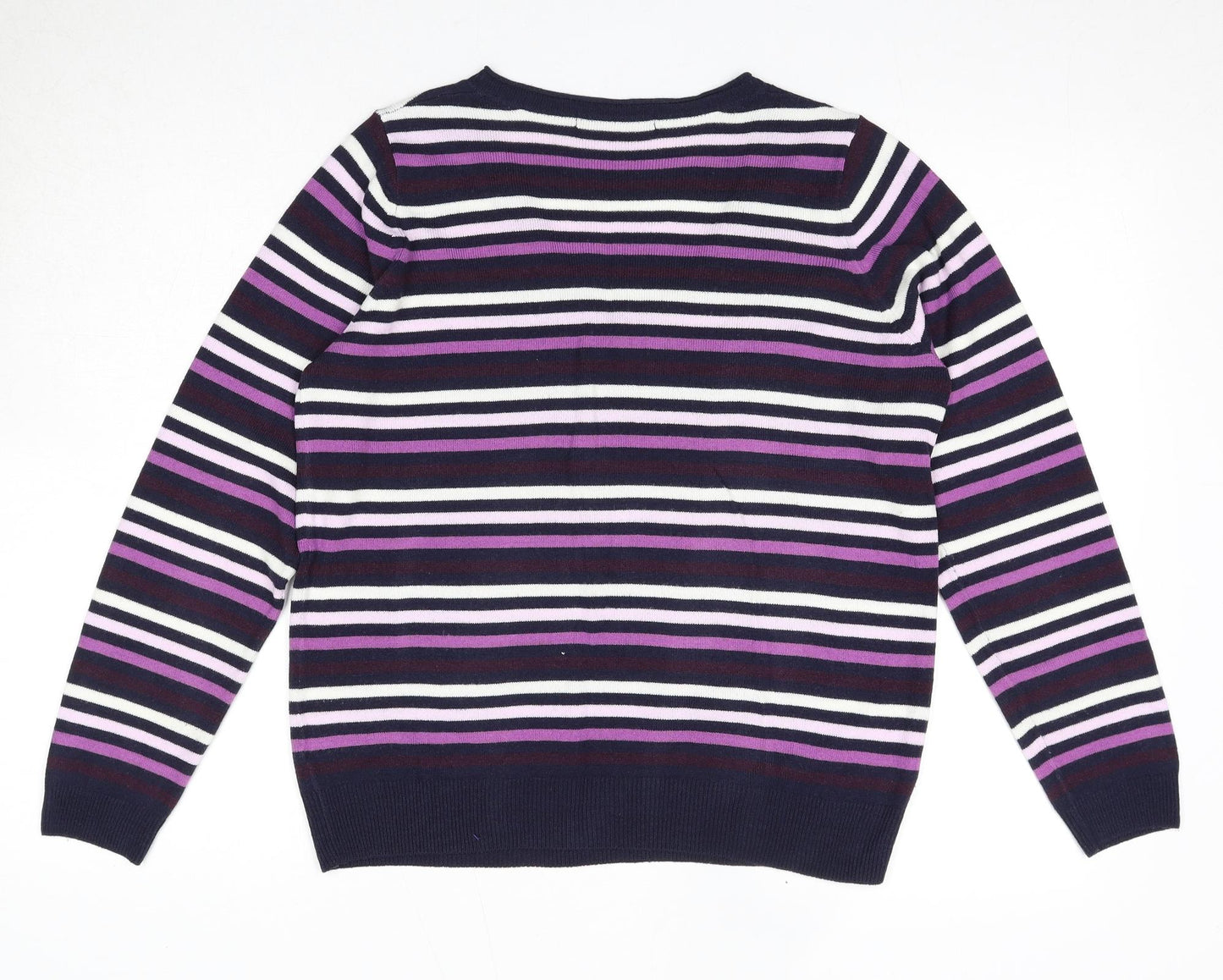 Marks and Spencer Womens Blue V-Neck Striped Acrylic Pullover Jumper Size 14