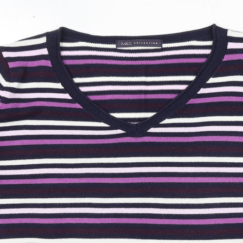 Marks and Spencer Womens Blue V-Neck Striped Acrylic Pullover Jumper Size 14