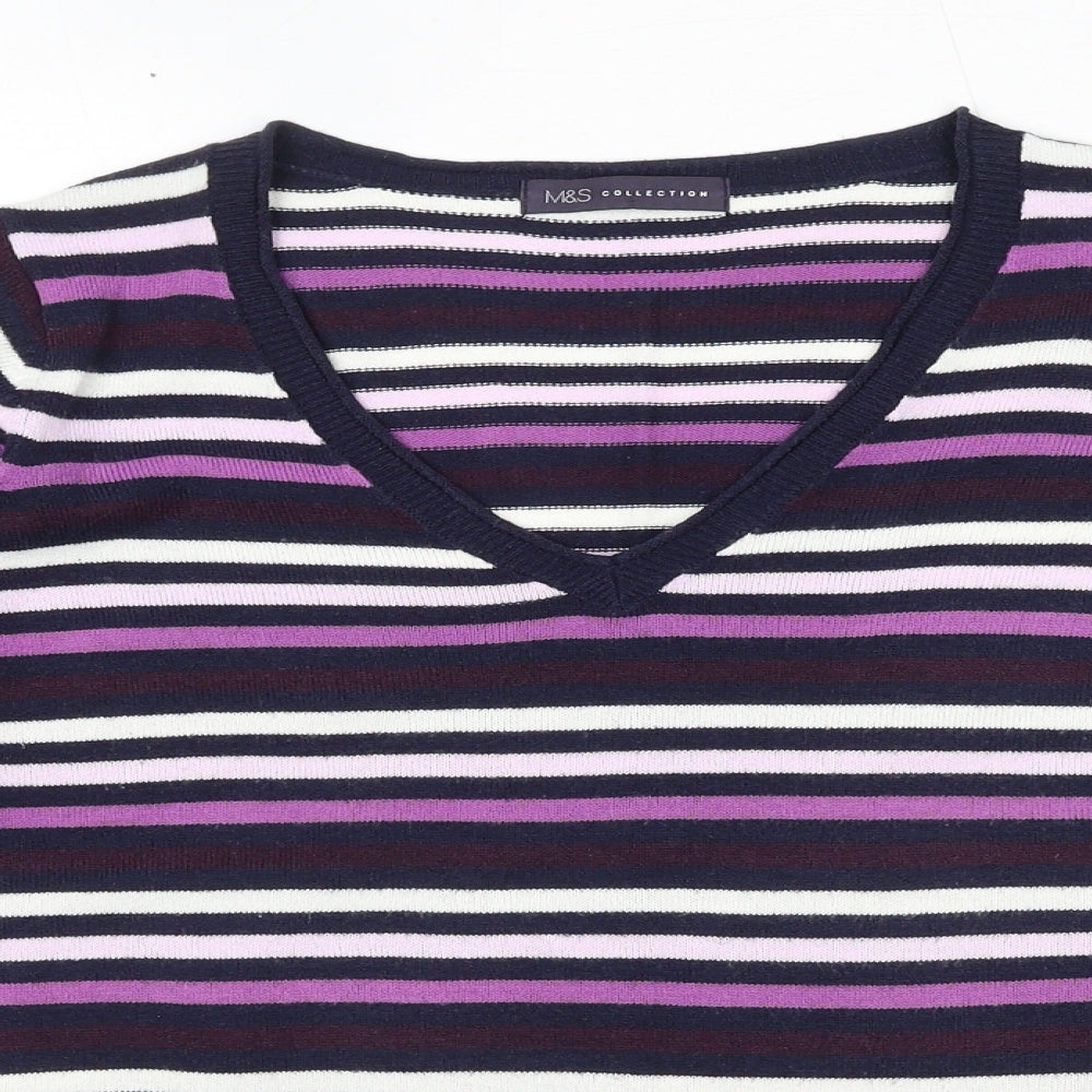 Marks and Spencer Womens Blue V-Neck Striped Acrylic Pullover Jumper Size 14